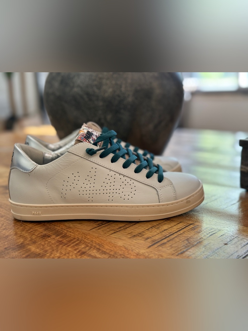 Women’s P448 Leather Casual Sneakers in Off-White with Teal Laces